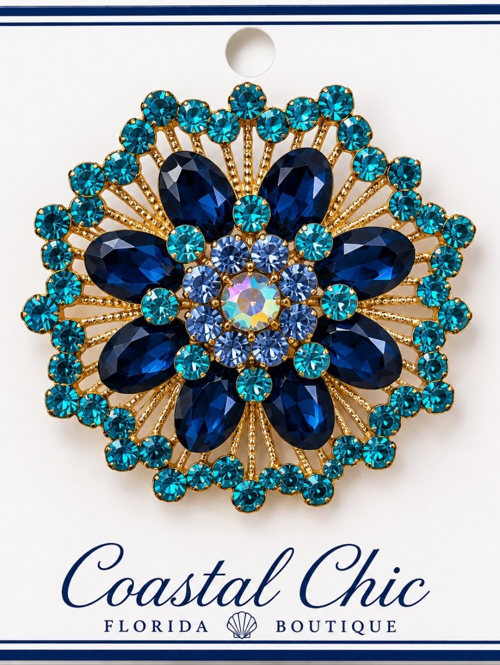 Stunning Gold-Tone  Turquoise & Blue Rhinestone Floral Brooch